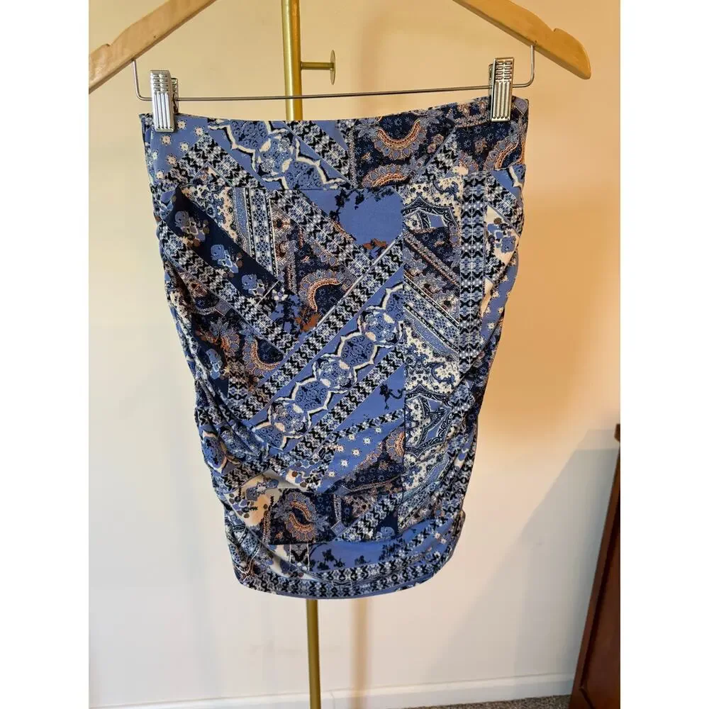 Free People Mini Skirt Womens Small Blue Geometric Print Ruched Detailed Pull On